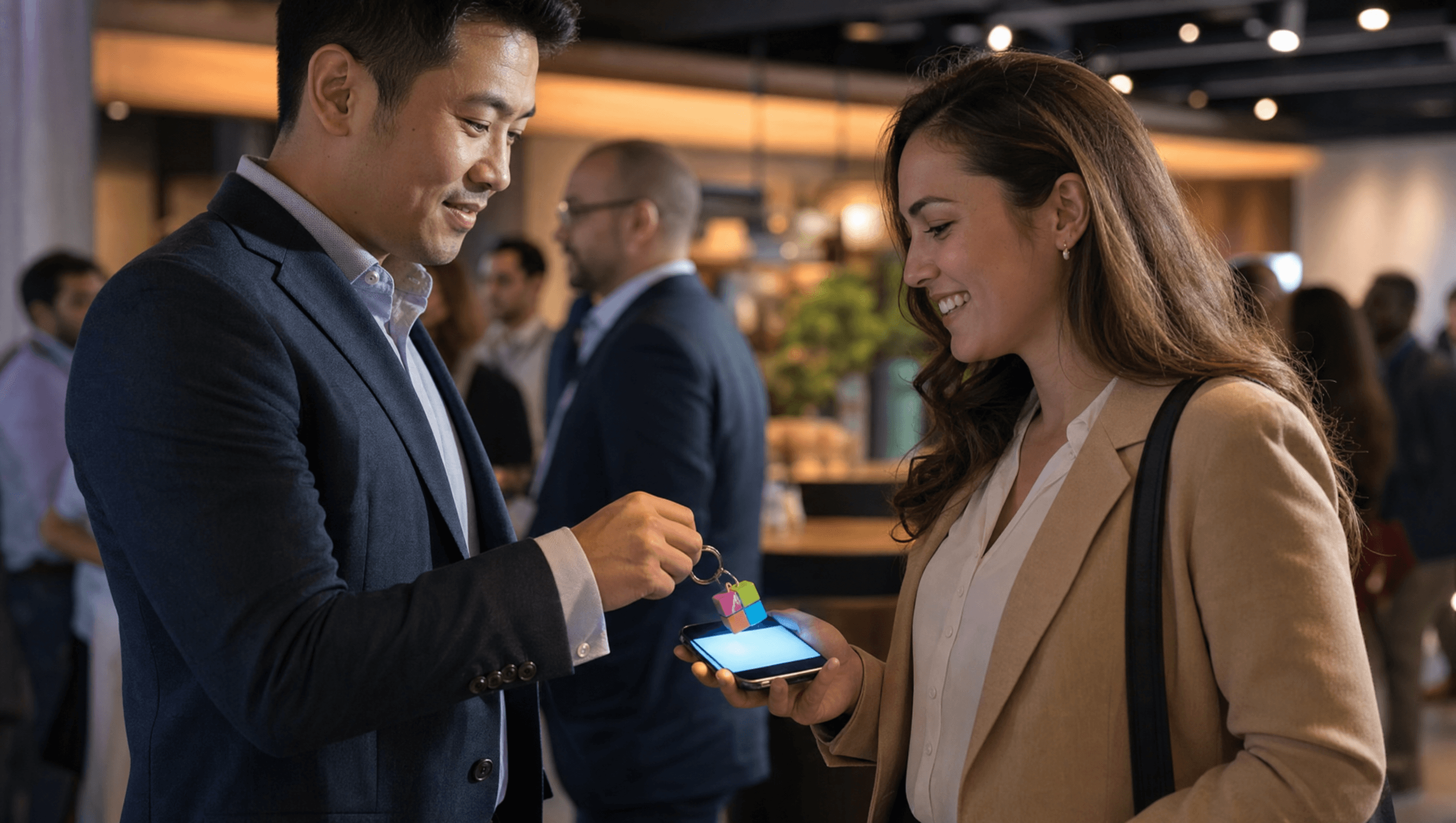 Professional tapping NFC keychain to share contact at a networking event