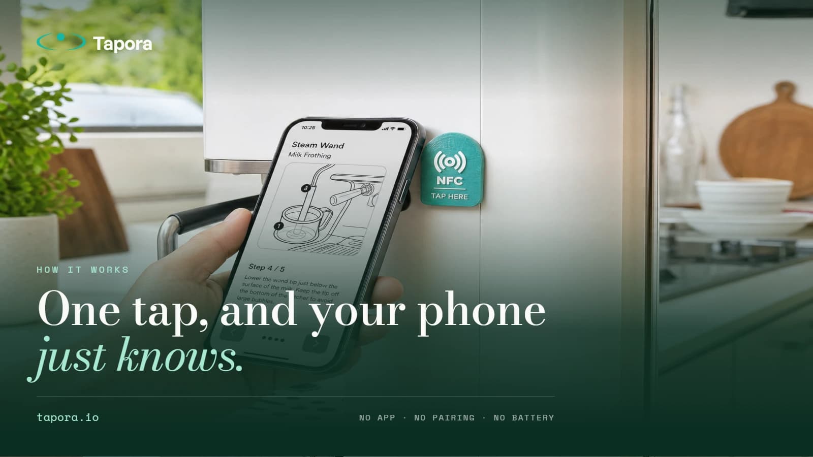 Hero — phone tapping a Tapora keychain — Top-down shot, hand holding a phone close to a turquoise Tapora keychain on a warm off-white surface. Soft natural light. Used as OG image.