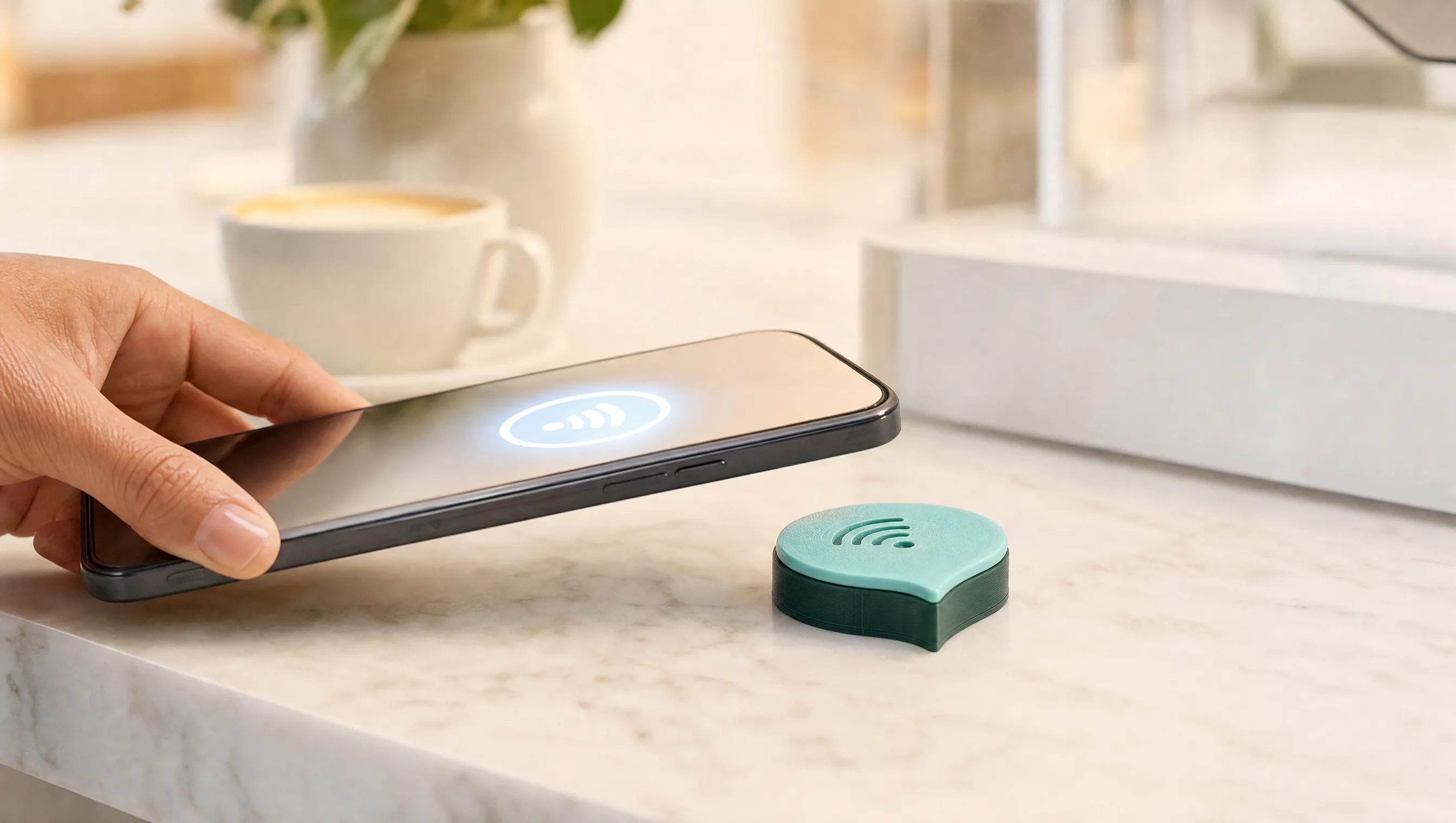 Tapora NFC Google review badge on a cafe counter next to a phone