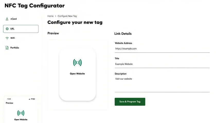 Tapora NFC tag configurator interface showing link type options and preview