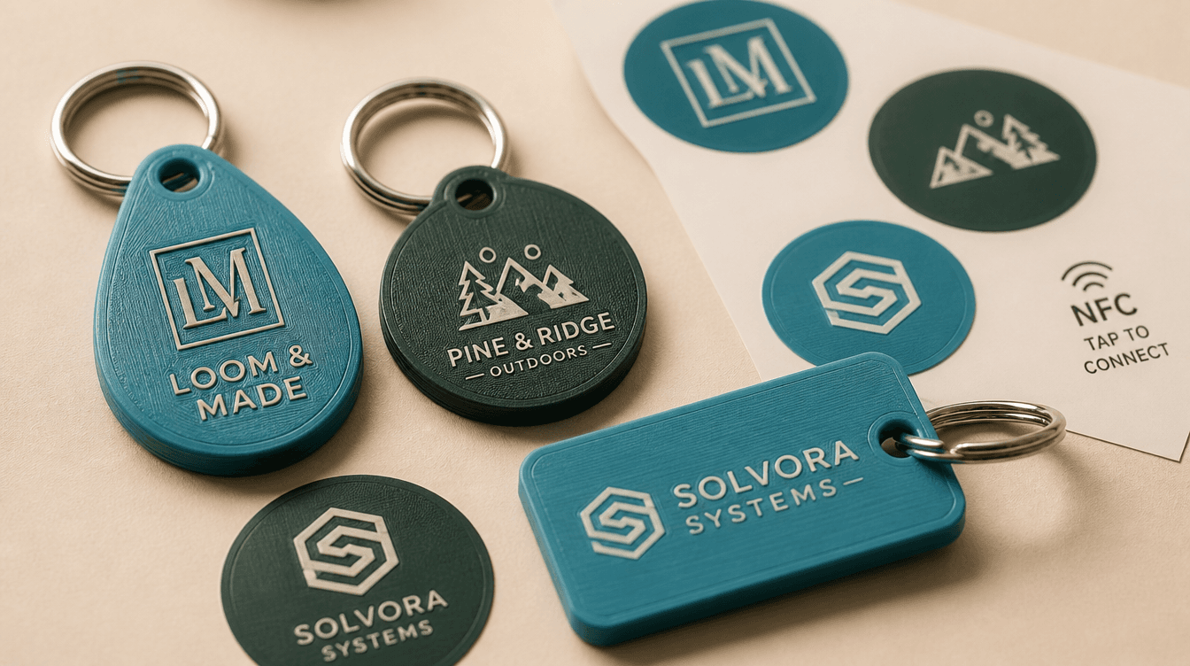 Custom-branded 3D-printed Tapora NFC keychains and badges showing logos and brand names printed directly into the surface