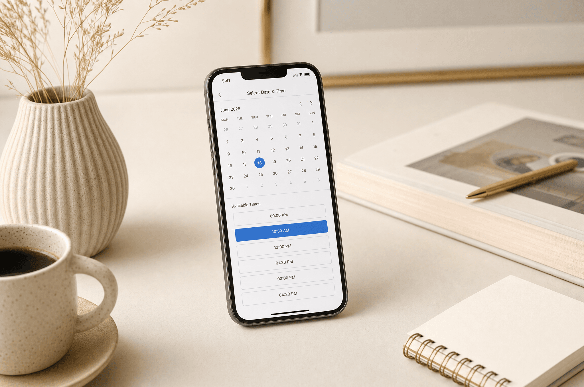 Smartphone showing a calendar booking interface on a clean desk