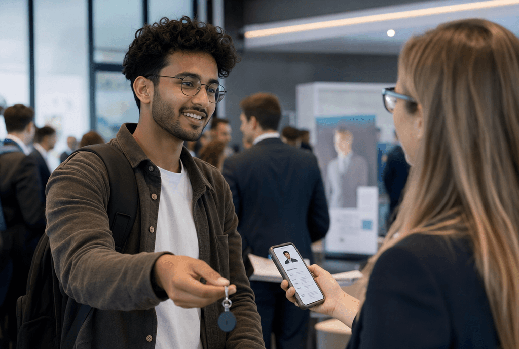 Professional at a careers fair sharing CV via NFC keychain