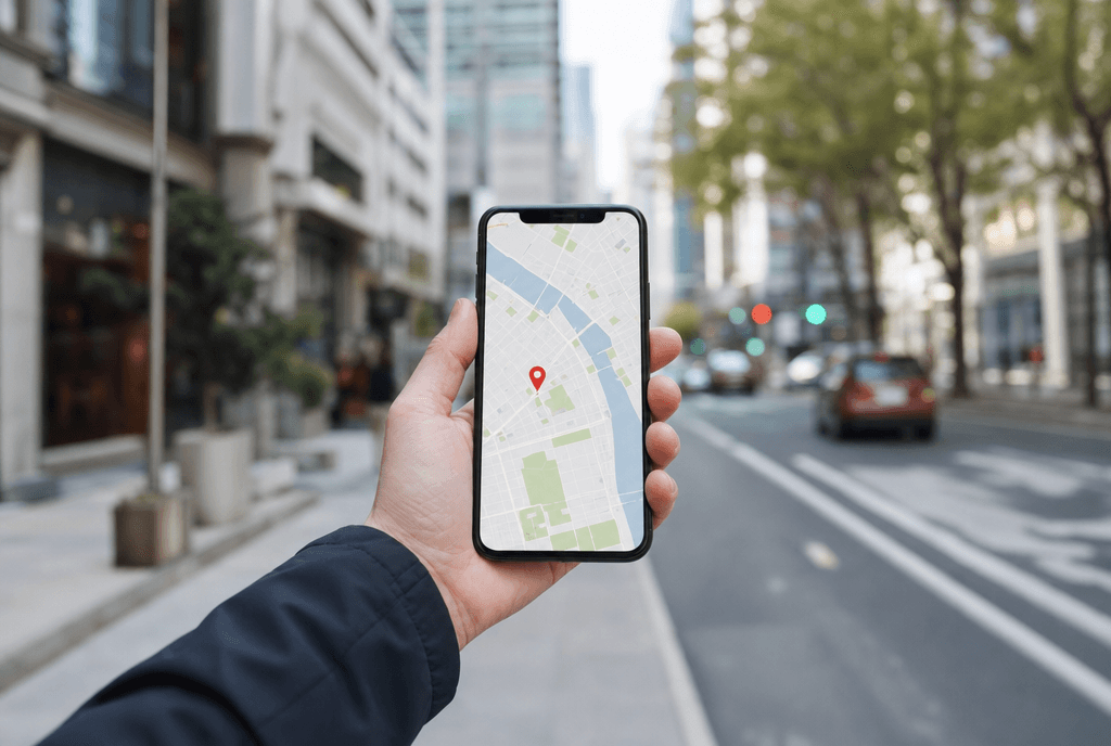 Hand holding smartphone with map navigation open