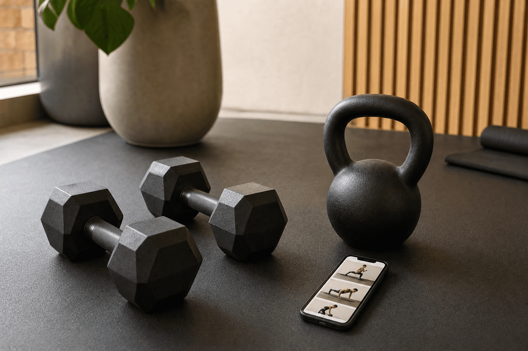 Dumbbells and kettlebell with a phone showing a workout guide