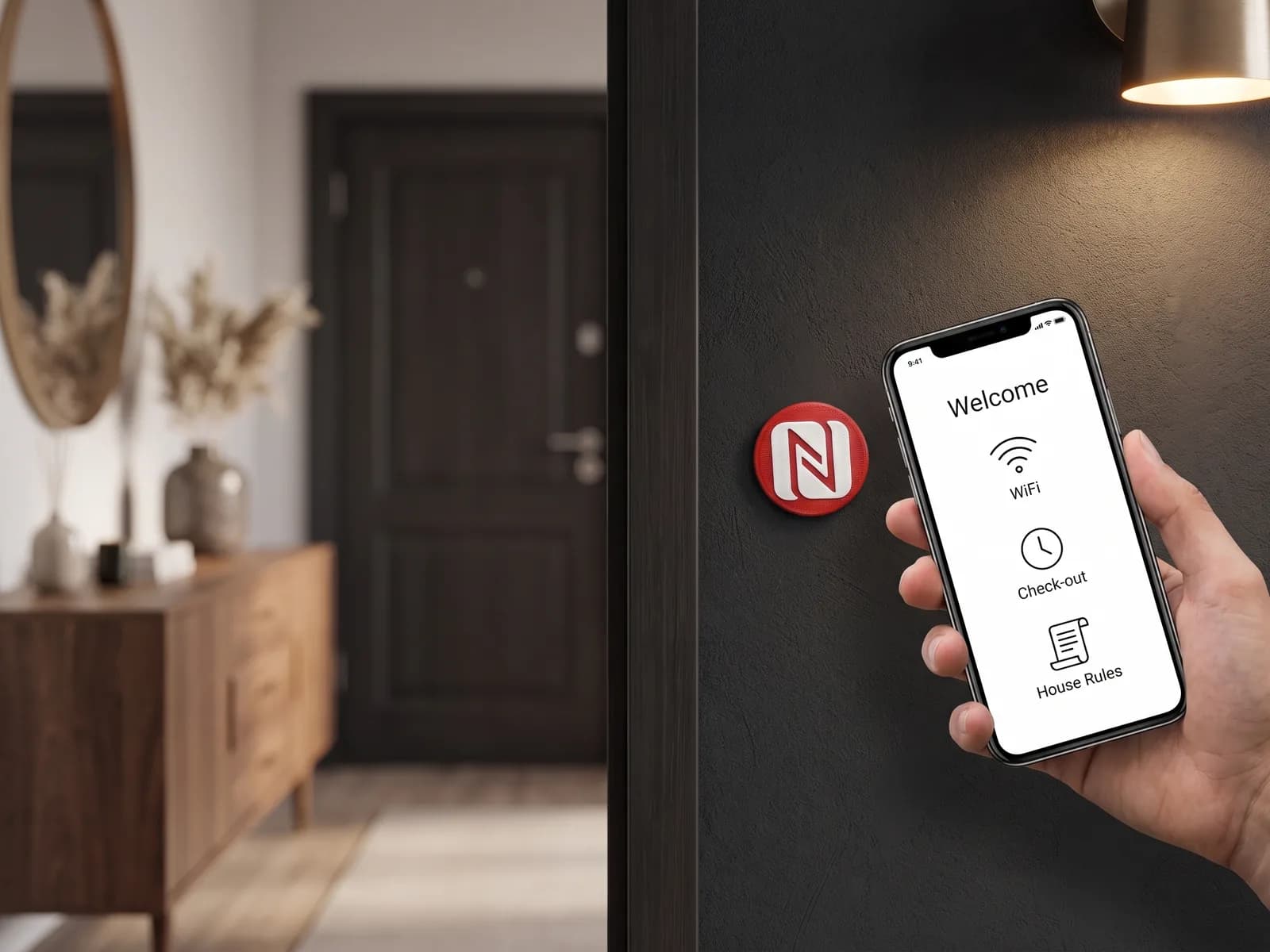 Tapping a Tapora NFC badge in an apartment to open the house guide