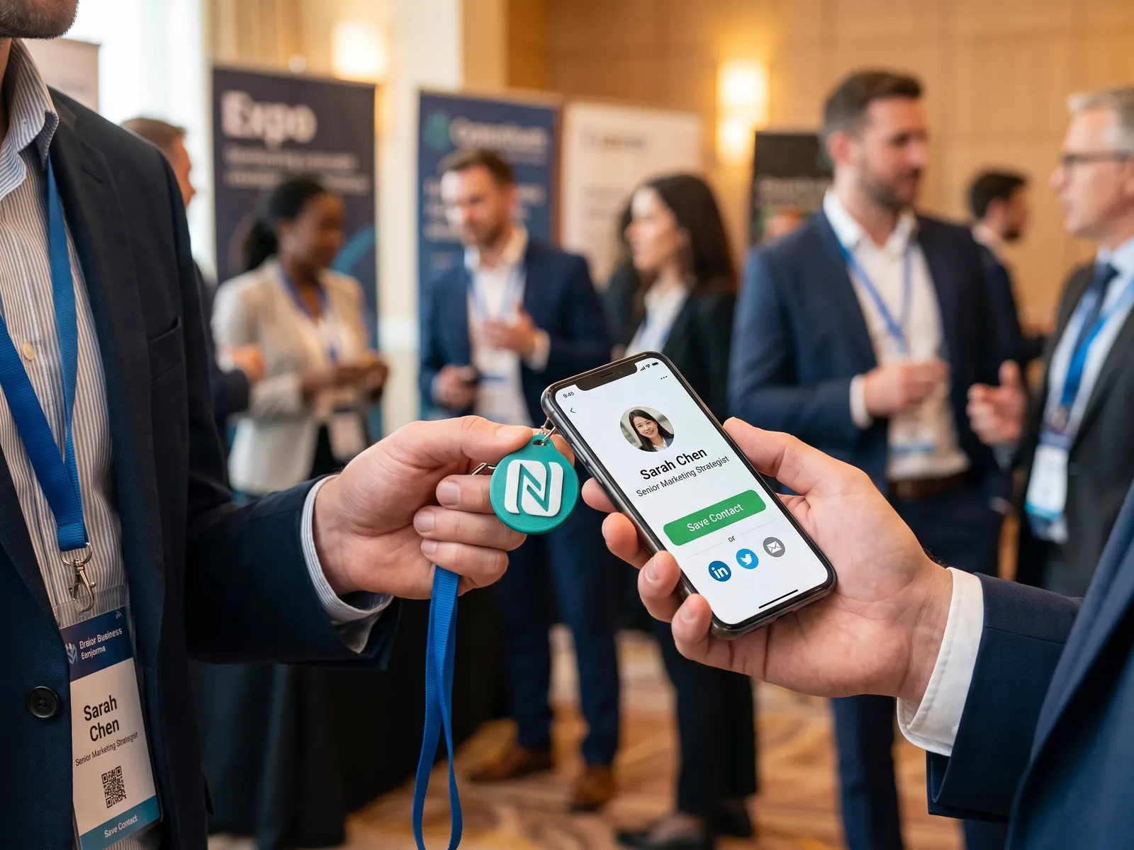 Attendee at a conference holding out a teal 3D-printed Tapora NFC keychain on their lanyard while another person taps a phone to it to save their contact