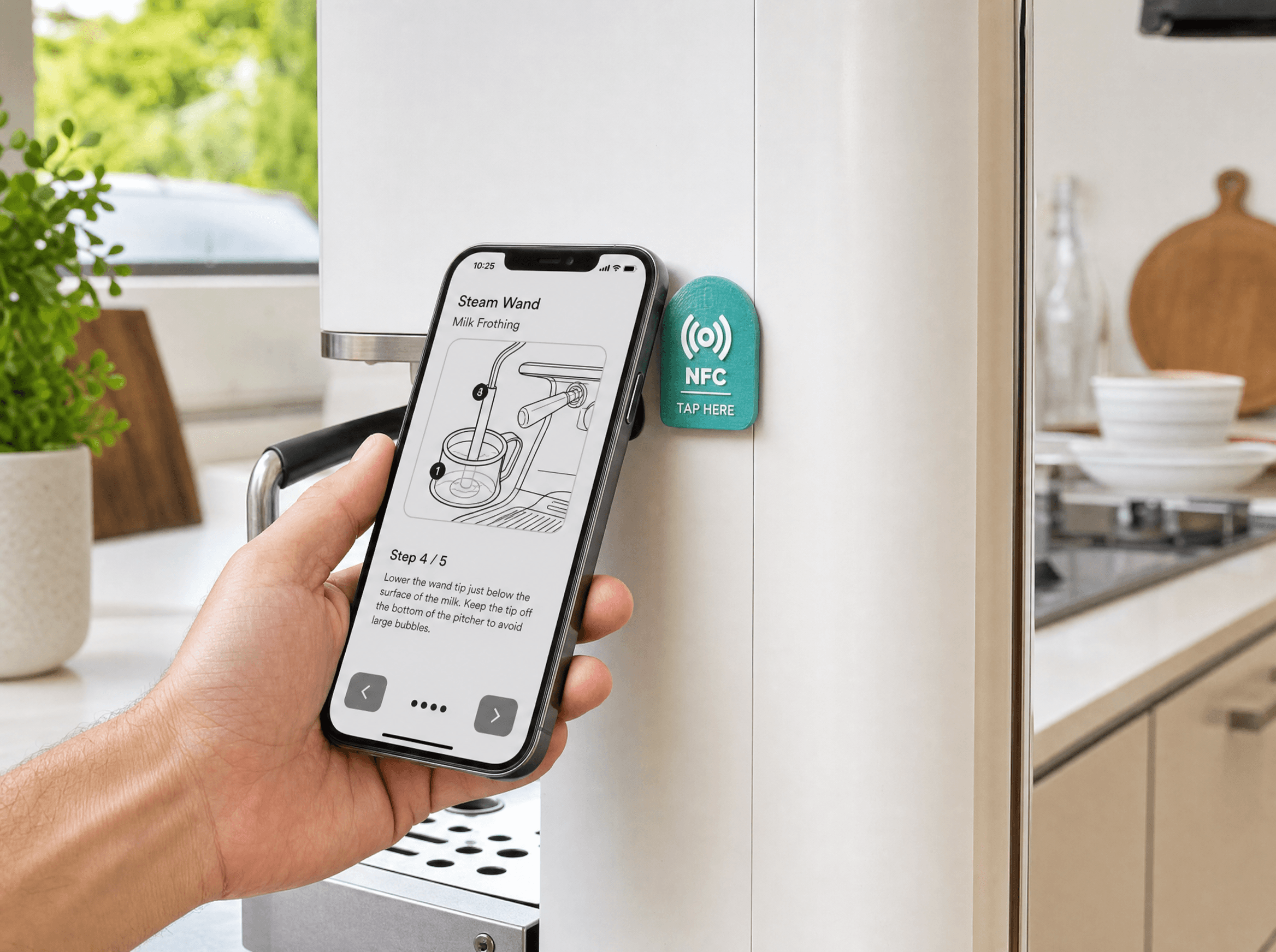 Person tapping phone to a Tapora NFC badge on a coffee machine — phone shows appliance instruction guide