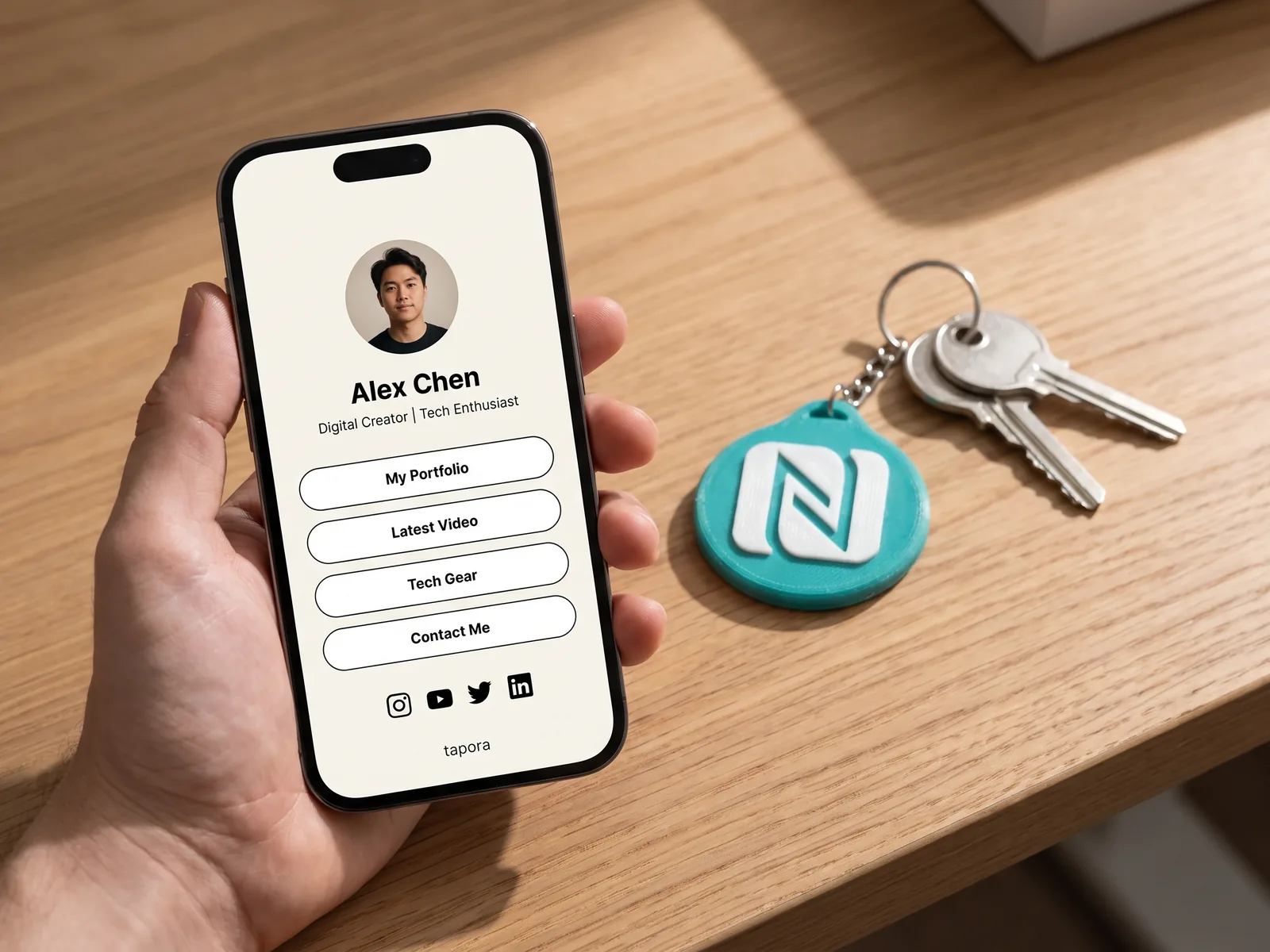 Hand holding a phone showing a Tapora link-in-bio page with a profile photo, name, four link buttons and social icons, beside a teal 3D-printed NFC keychain