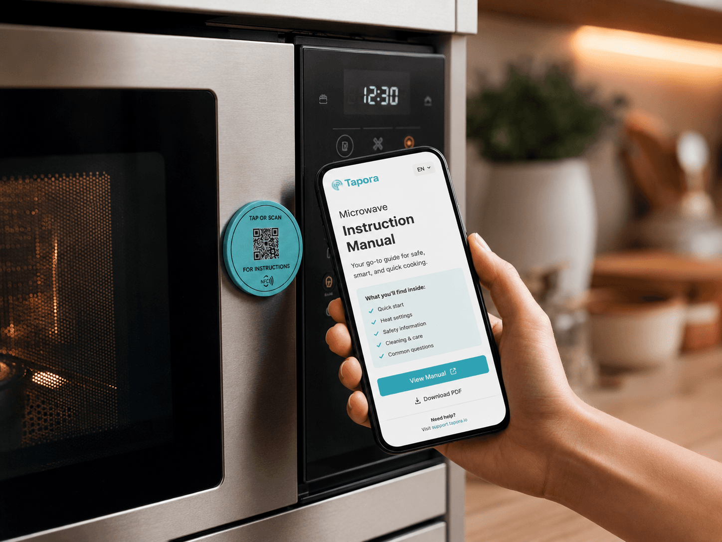 Tapora NFC badge on a microwave - tap for digital cooking guide and manual
