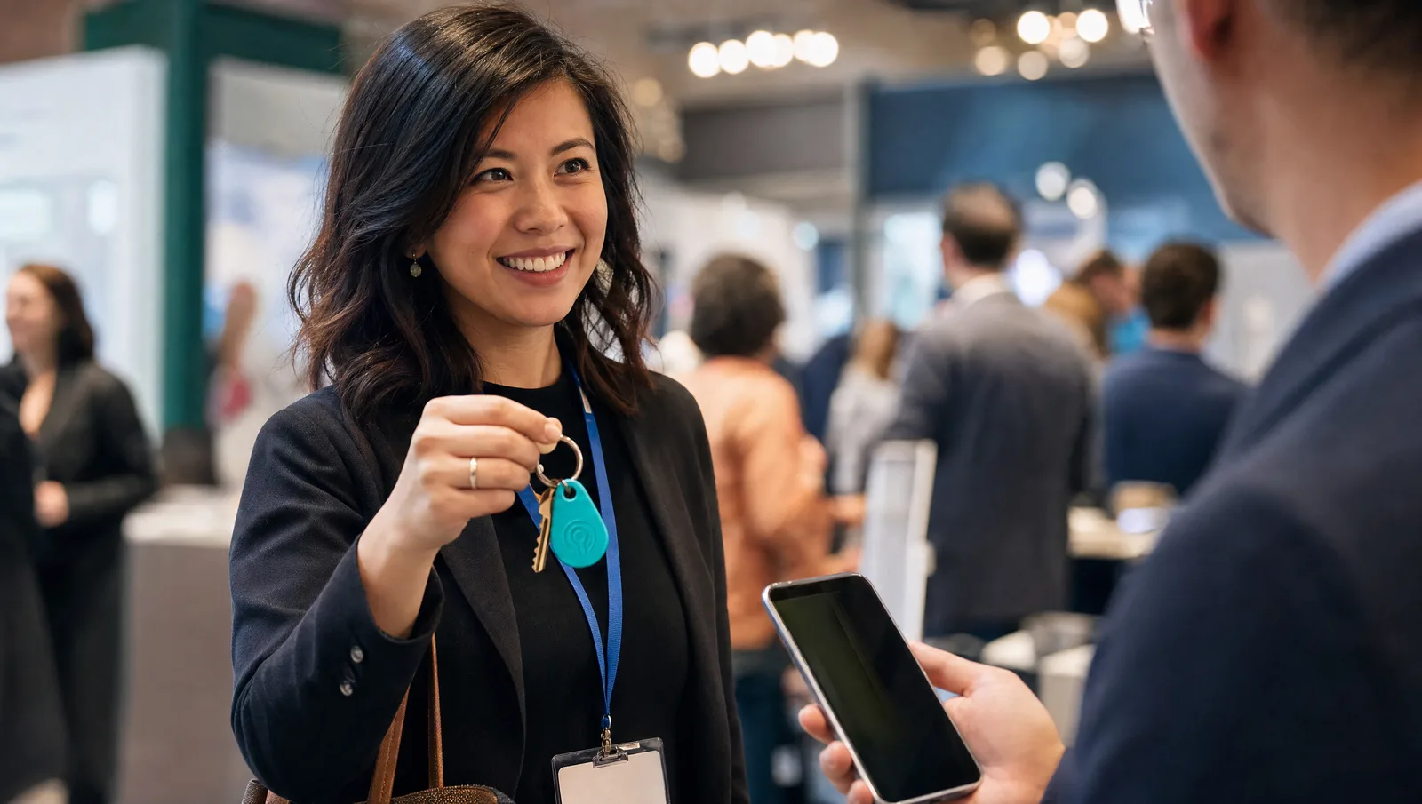 Professional tapping NFC keychain at a conference