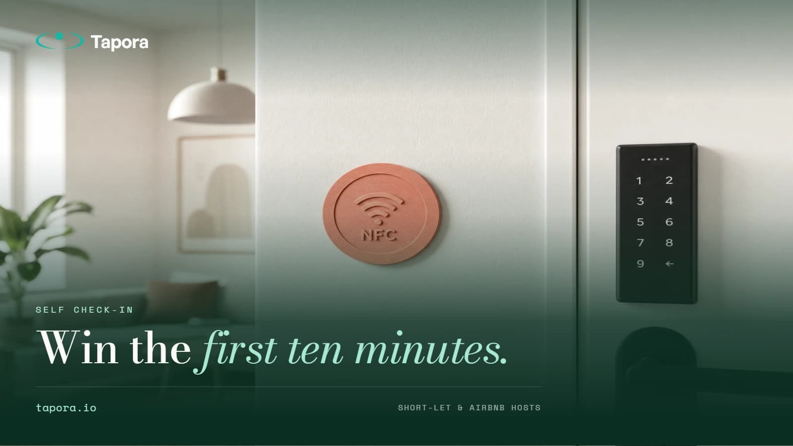 Hero — badge by an apartment door — Lifestyle shot of a Tapora Badge stuck eye-level next to a stylish short-let front door, hand approaching with phone. Warm interior lighting