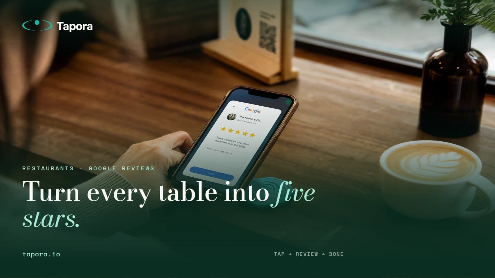 Hero — badge on a bill folder — Restaurant table setting, leather bill folder open with a small turquoise Tapora badge clipped to it, hand reaching with phone. Warm restaur