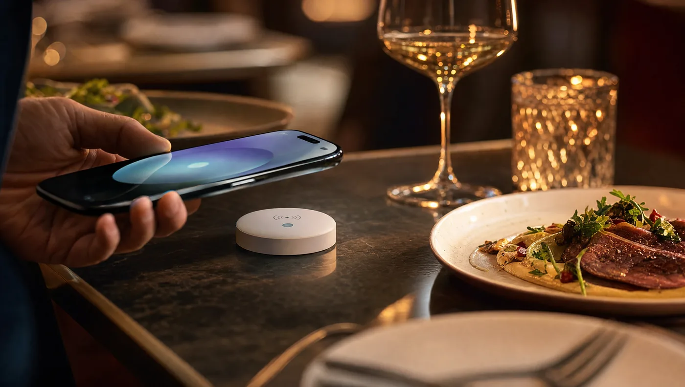 A smartphone tapping an NFC badge on a restaurant table next to a wine glass