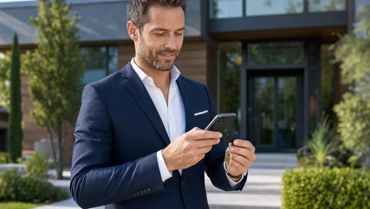 A real estate agent tapping a smartphone to an NFC keychain at a property viewing