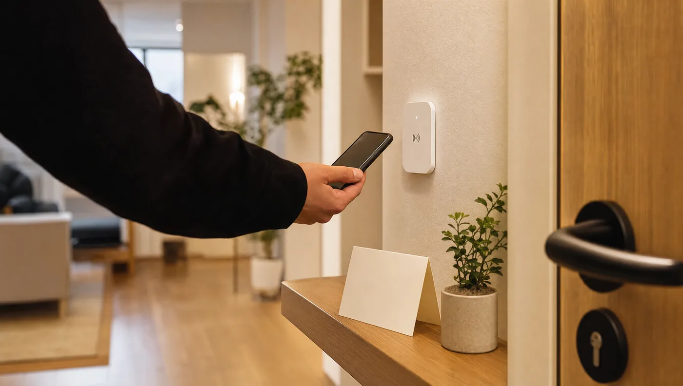 A guest tapping a smartphone to an NFC badge near the door of a modern short-let apartment